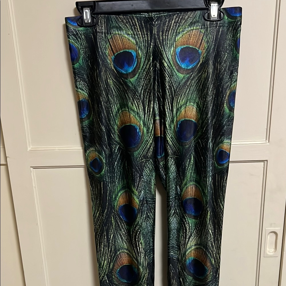 BlackMilk Green and Blue Peacock Feather print Leggings